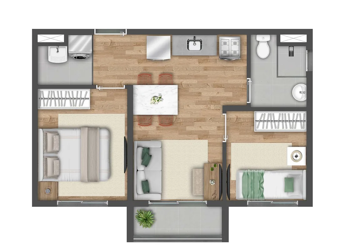 Planta de 2 quartos com varanda 37 m² do Vibra Origem Mooca, planta-tipo ilustrada