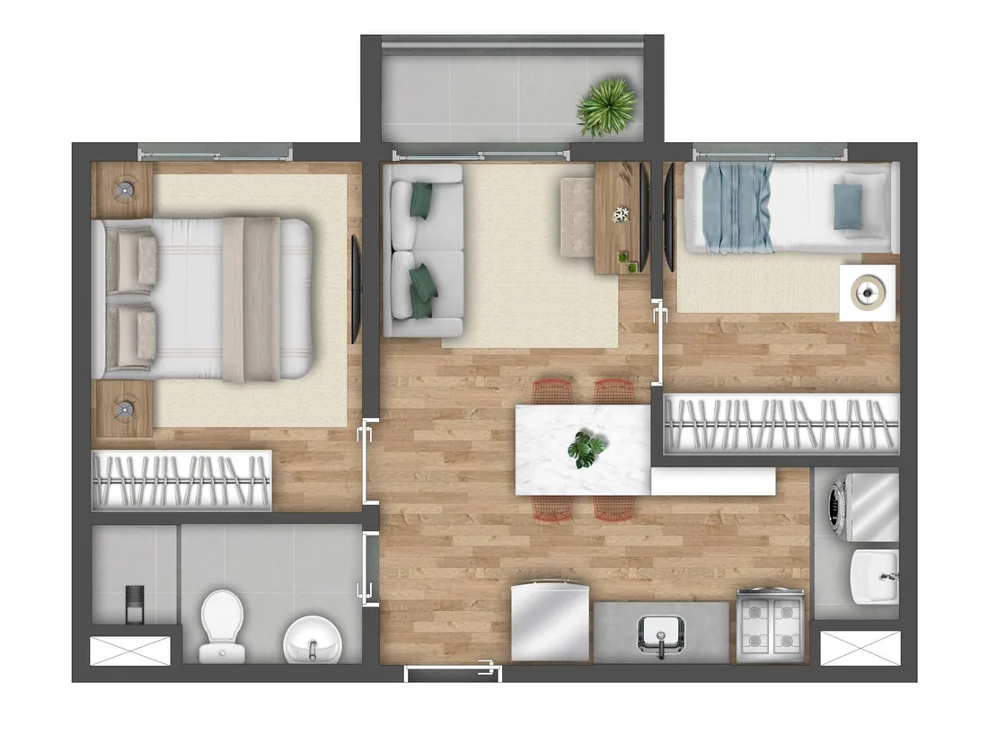 Planta de 2 quartos com varanda 38 m² do Vibra Origem Mooca, planta-tipo ilustrada