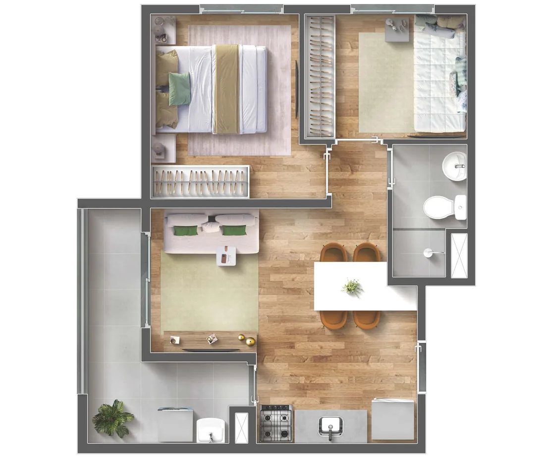 Planta de 2 quartos com varanda 42 m² do Vibra Origem Mooca, planta-tipo ilustrada