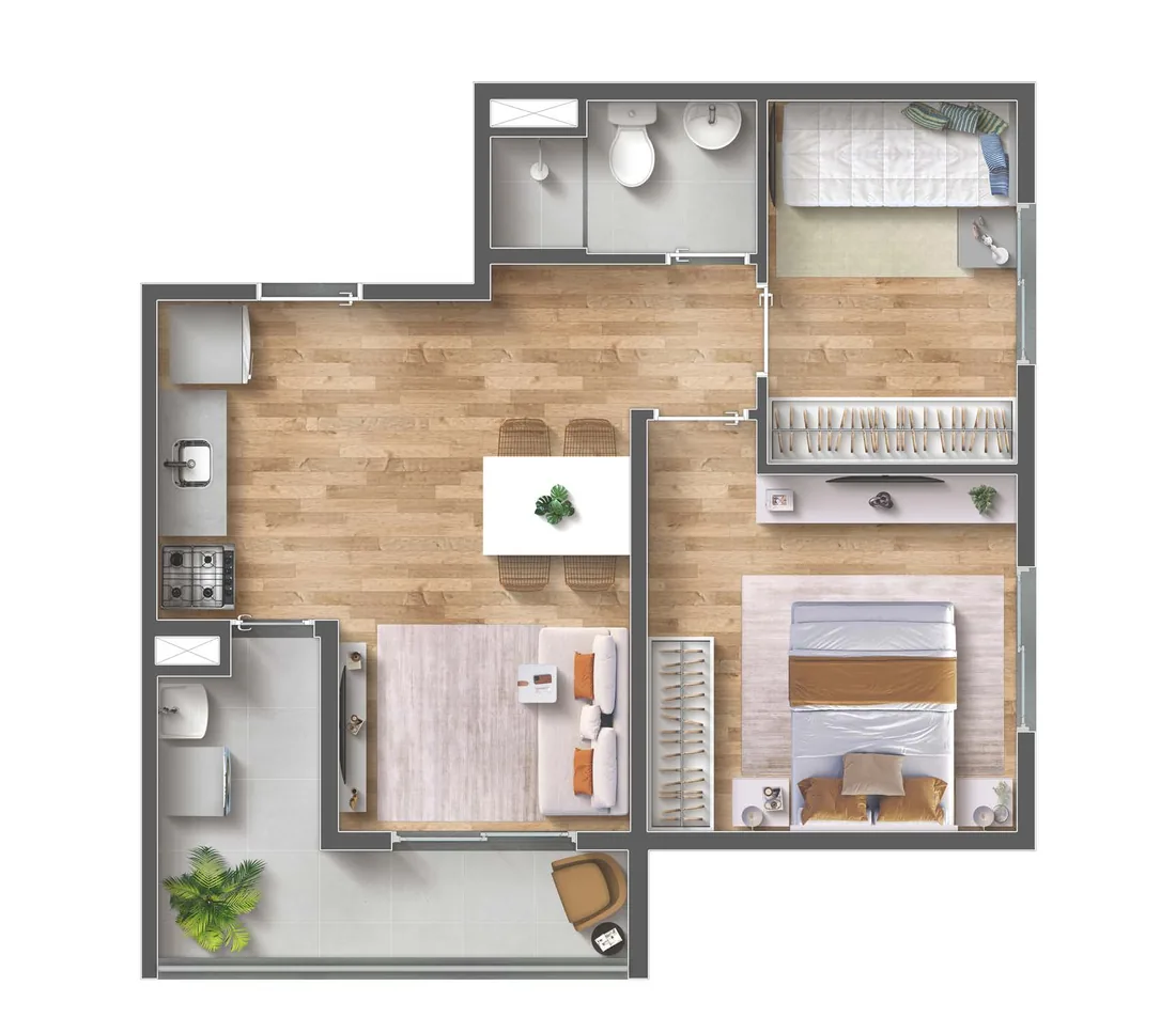 Planta de 2 quartos com varanda 46 m² do Vibra Origem Mooca, planta-tipo ilustrada