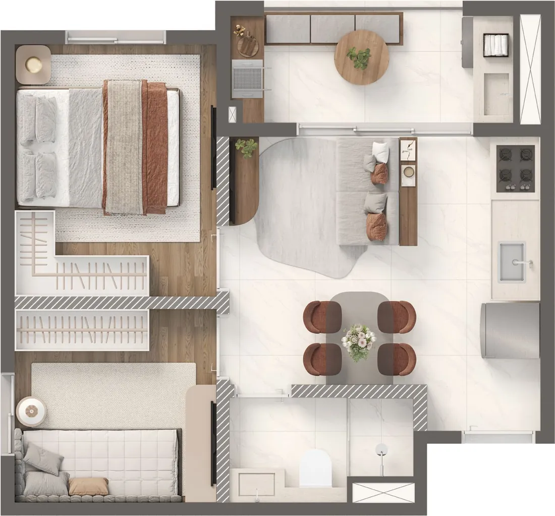 Planta Conect Max · 2 dormitórios de 35,46 m² do Vivaz Origens da Mooca, sugestão de decoração