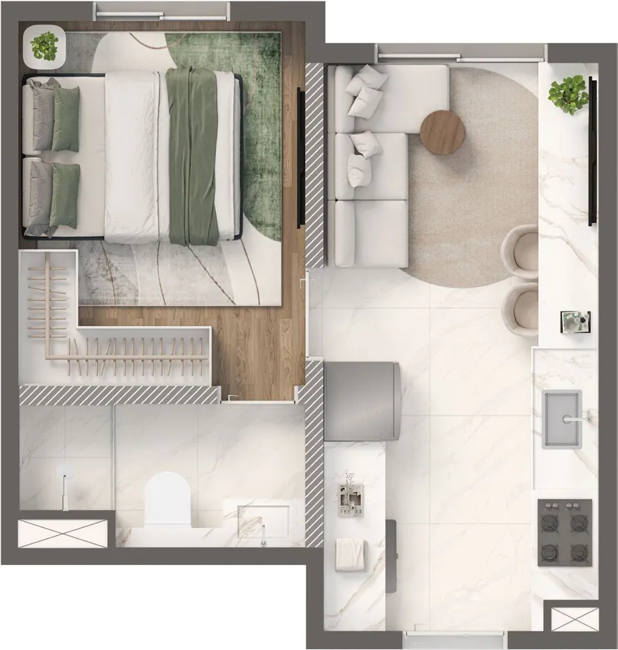 Planta Fit · 1 dormitório de 24,45 m² do Vivaz Origens da Mooca, sugestão de decoração