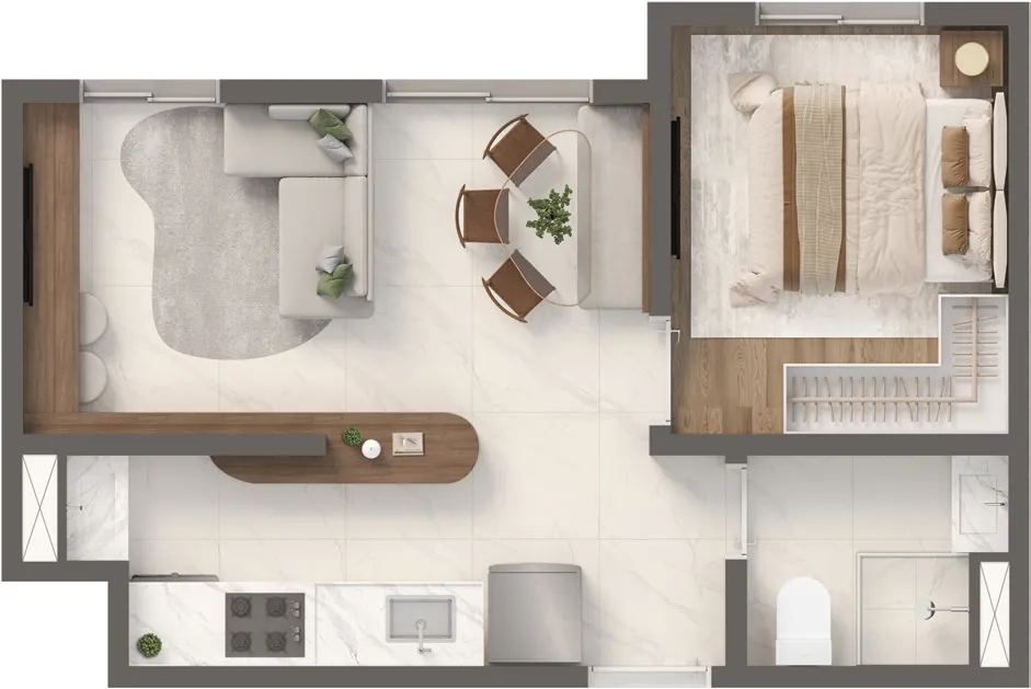 Planta Smart · opção sala ampliada de 30,82 m² do Vivaz Origens da Mooca, sugestão de decoração