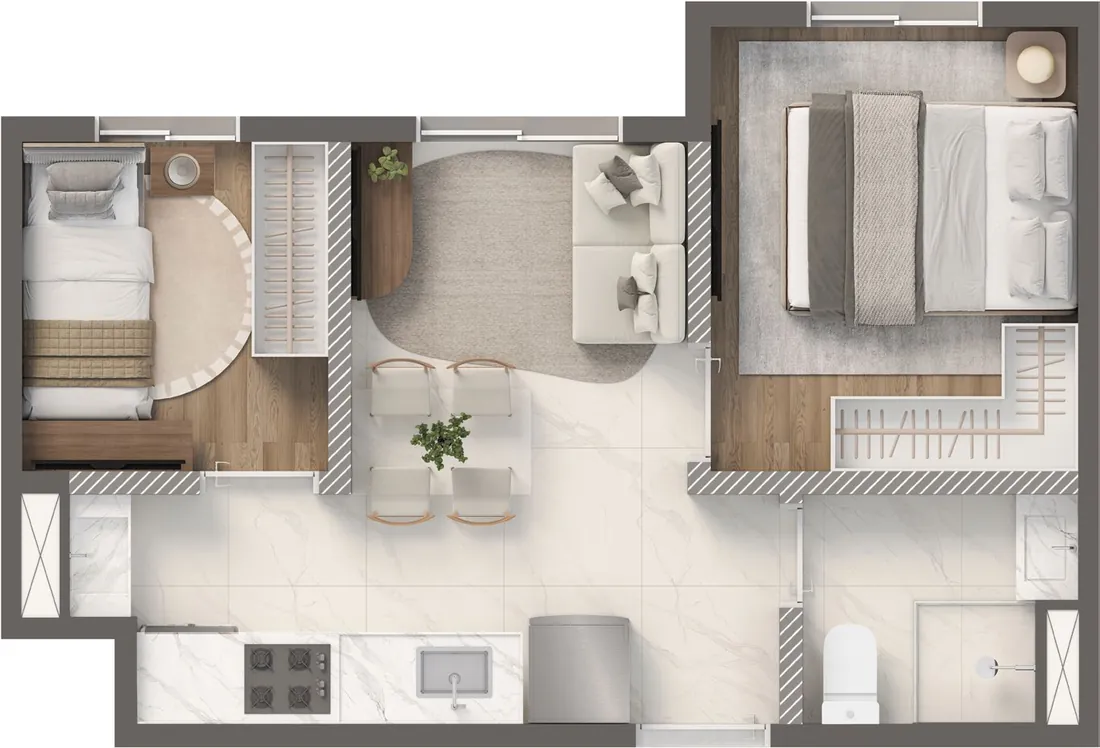 Planta Smart · 2 dormitórios de 30,82 m² do Vivaz Origens da Mooca, sugestão de decoração