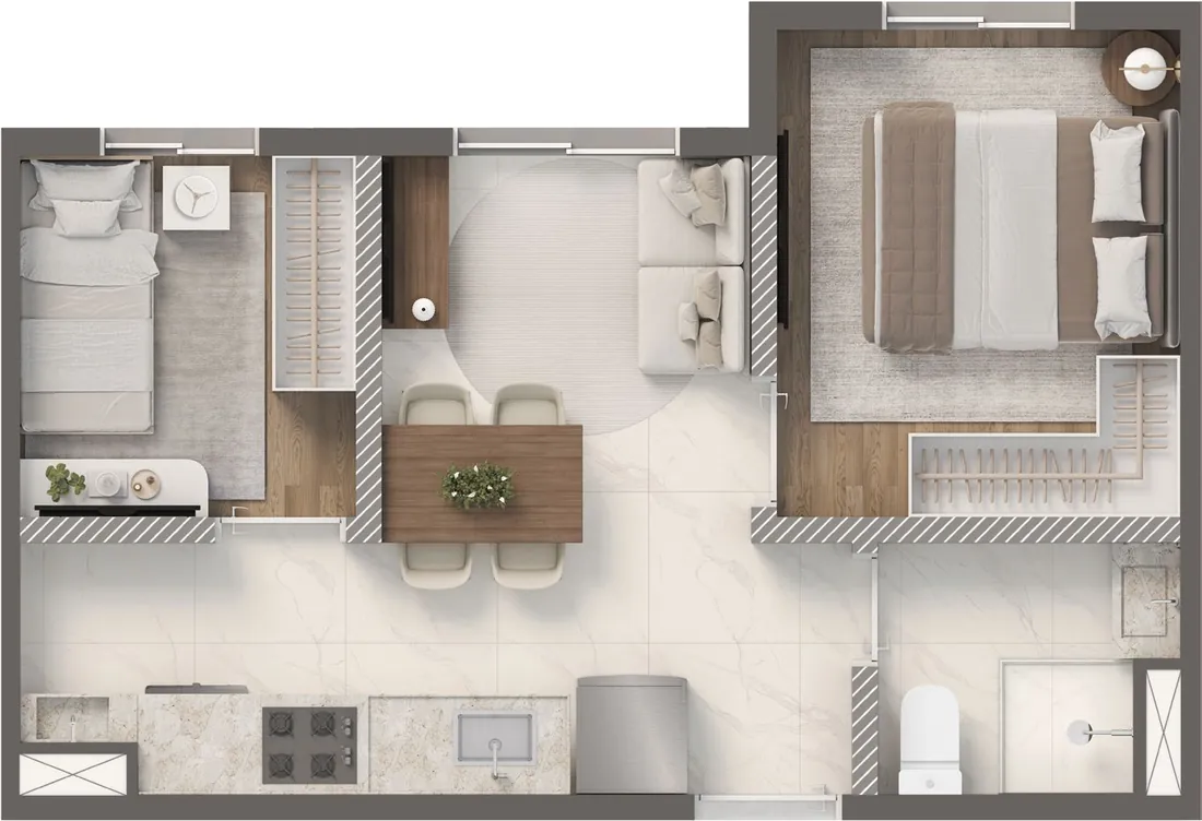 Planta Smart · 2 dormitórios de 31,76 m² do Vivaz Origens da Mooca, sugestão de decoração