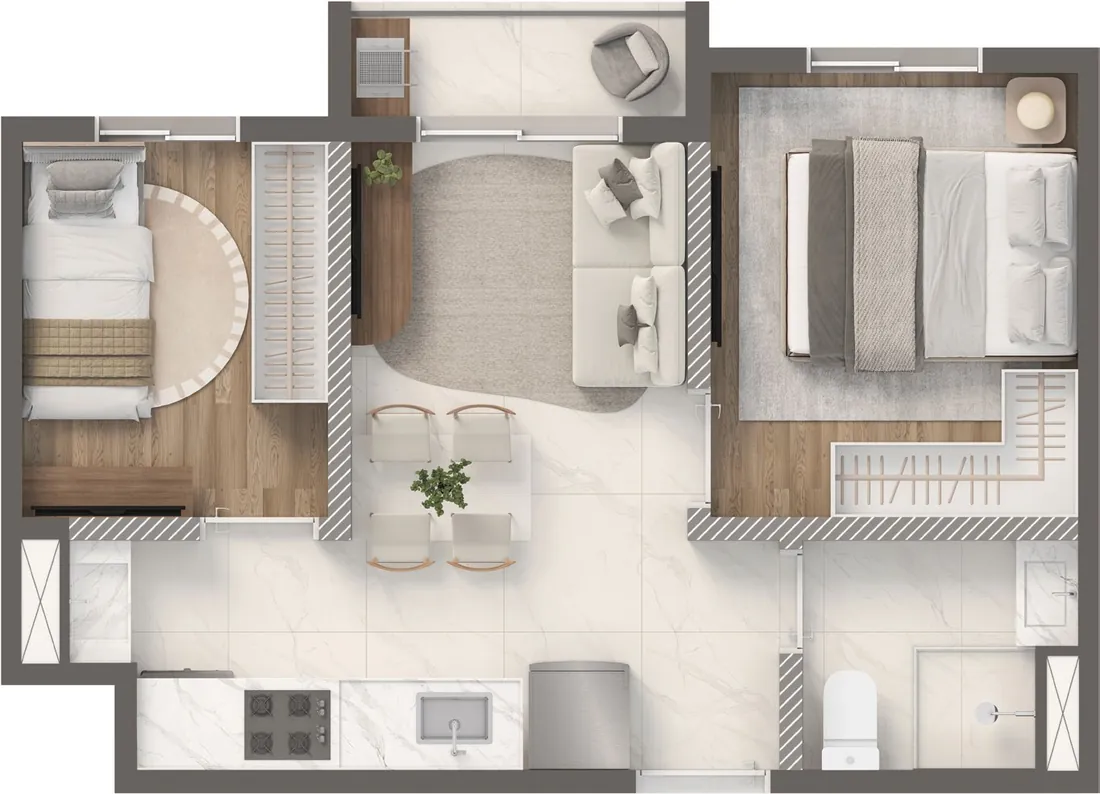 Planta Smart com varanda · 2 dormitórios de 32,99 m² do Vivaz Origens da Mooca, sugestão de decoração