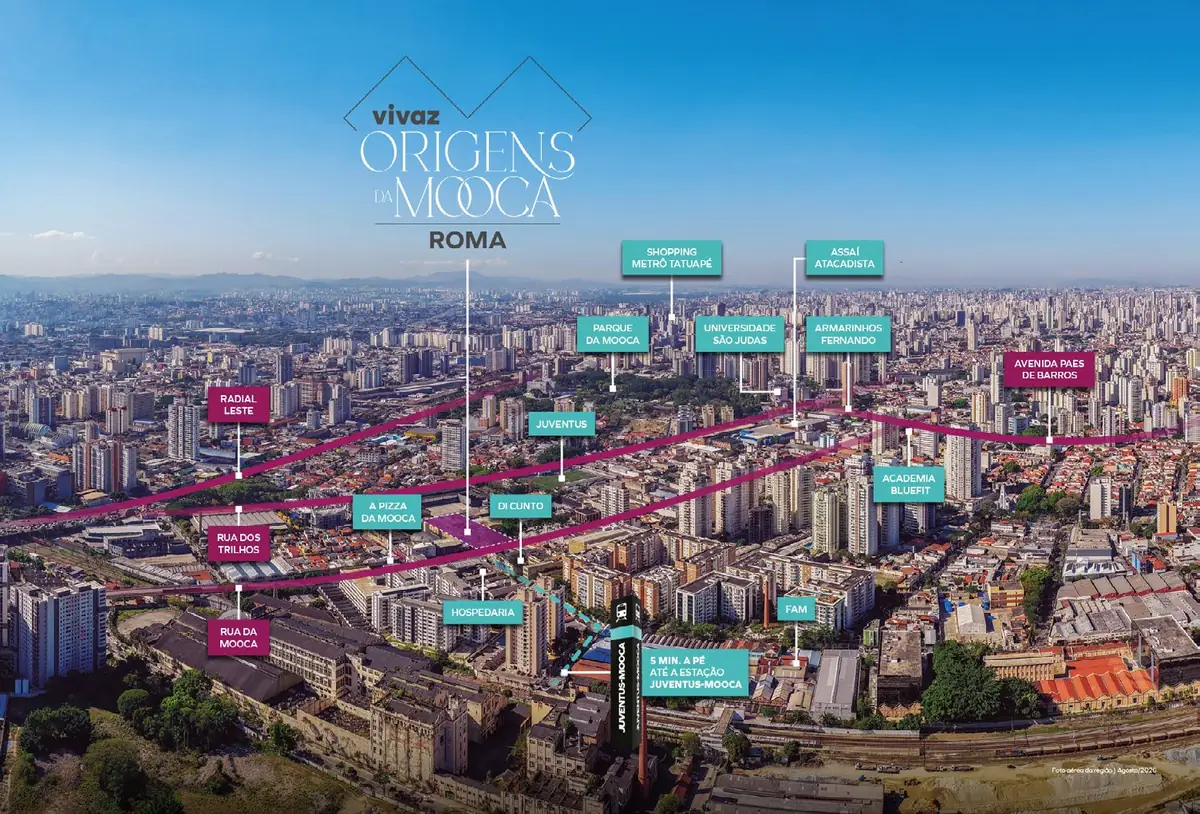 Vista aérea da Mooca com a localização do Vivaz Origens da Mooca e os pontos próximos, perspectiva ilustrativa