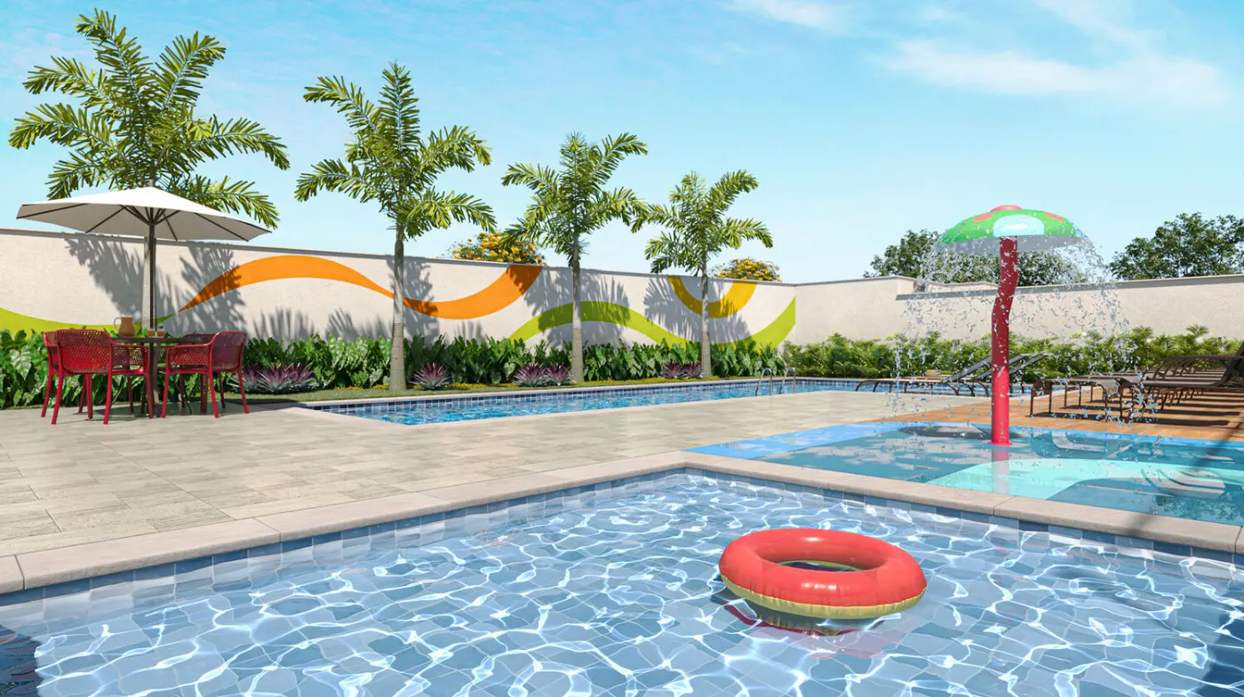 Piscina infantil com acquaplay do Zoom Parque Ecológico, perspectiva ilustrativa