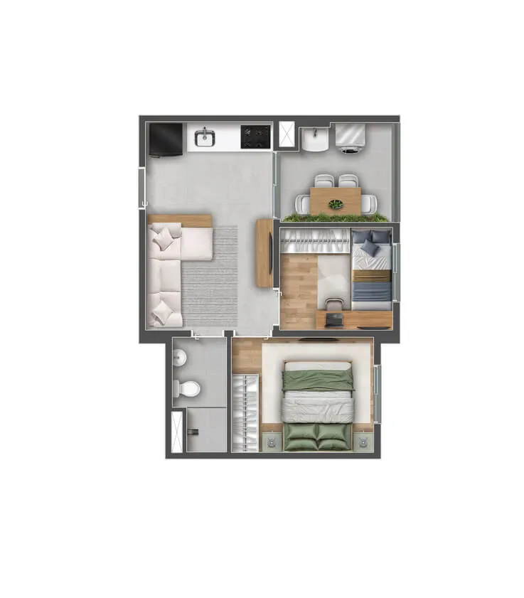 Planta do apartamento de 2 dormitórios com varanda com 35,51 m² do Zoom Parque Ecológico, perspectiva ilustrativa