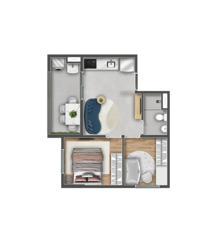 Planta do apartamento de 2 dormitórios com varanda com 36,57 m² do Zoom Parque Ecológico, perspectiva ilustrativa